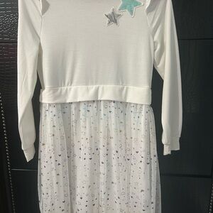 Three Hearts White Long Sleeve Dress with Aqua and Silver Star Patches